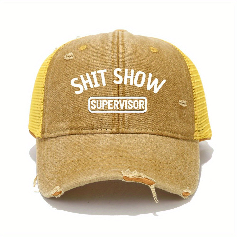 Vintage Washed Unisex Breathable Baseball Cap - Distressed Mesh Trucker Hats for Women & Men with Adjustable Strap and Golf Sun Protection - Unique Shit Show Printed Design