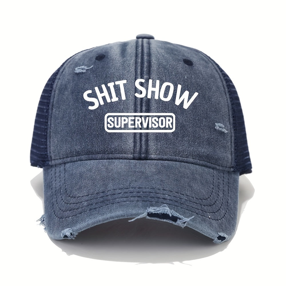 Vintage Washed Unisex Breathable Baseball Cap - Distressed Mesh Trucker Hats for Women & Men with Adjustable Strap and Golf Sun Protection - Unique Shit Show Printed Design