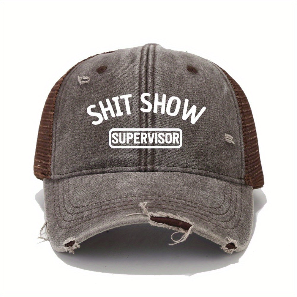 Vintage Washed Unisex Breathable Baseball Cap - Distressed Mesh Trucker Hats for Women & Men with Adjustable Strap and Golf Sun Protection - Unique Shit Show Printed Design