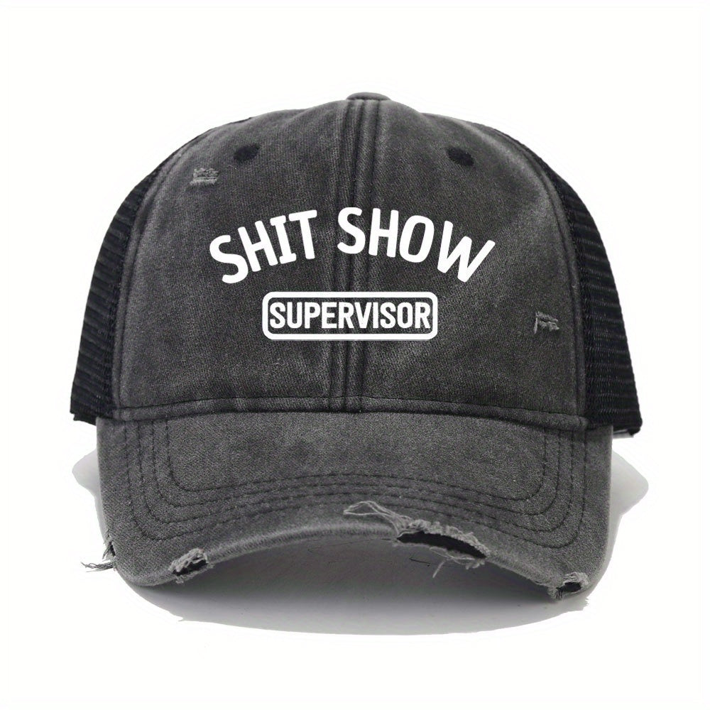 Vintage Washed Unisex Breathable Baseball Cap - Distressed Mesh Trucker Hats for Women & Men with Adjustable Strap and Golf Sun Protection - Unique Shit Show Printed Design