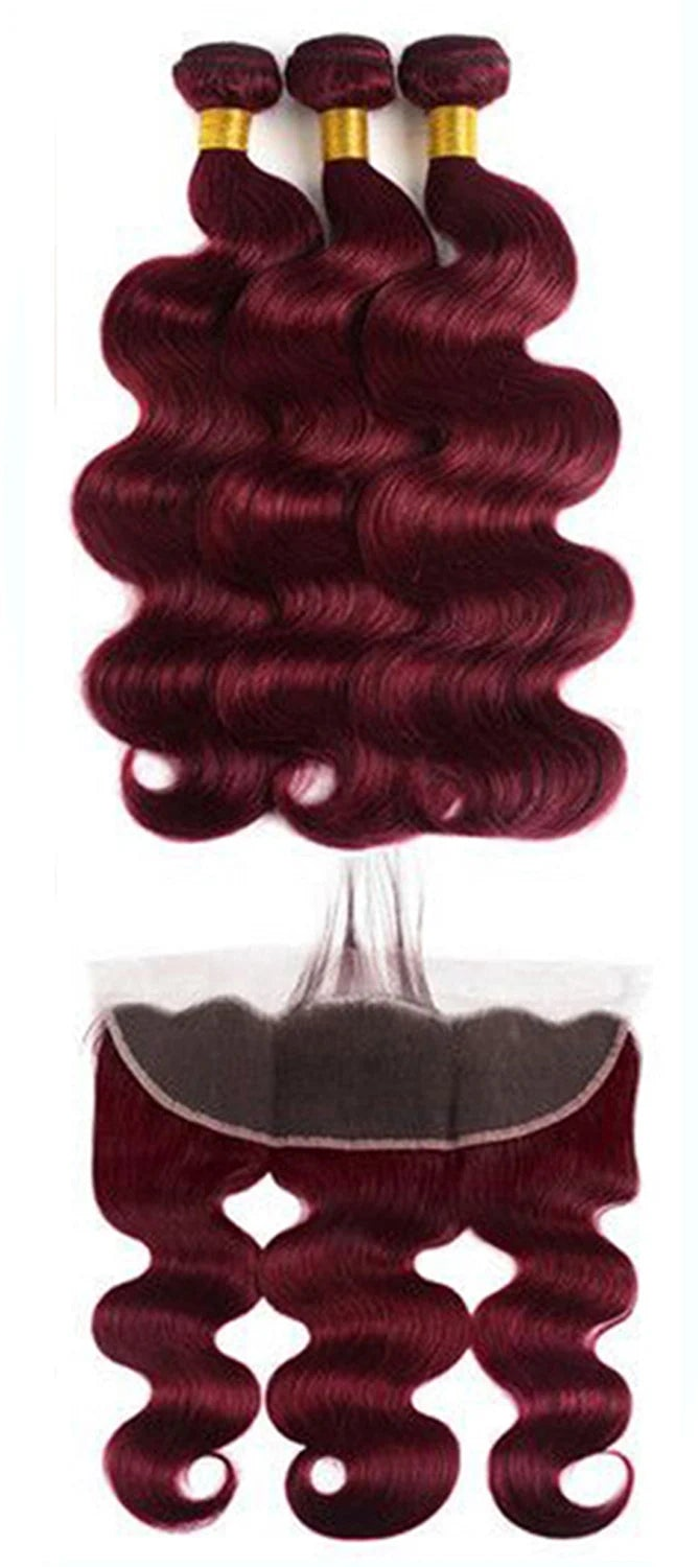 Burgundy Body Wave Bundles With Frontal 100% Human Hair Extension 3 Bundles With 13x4 Lace Frontal Colored 99J Virgin Human Hair