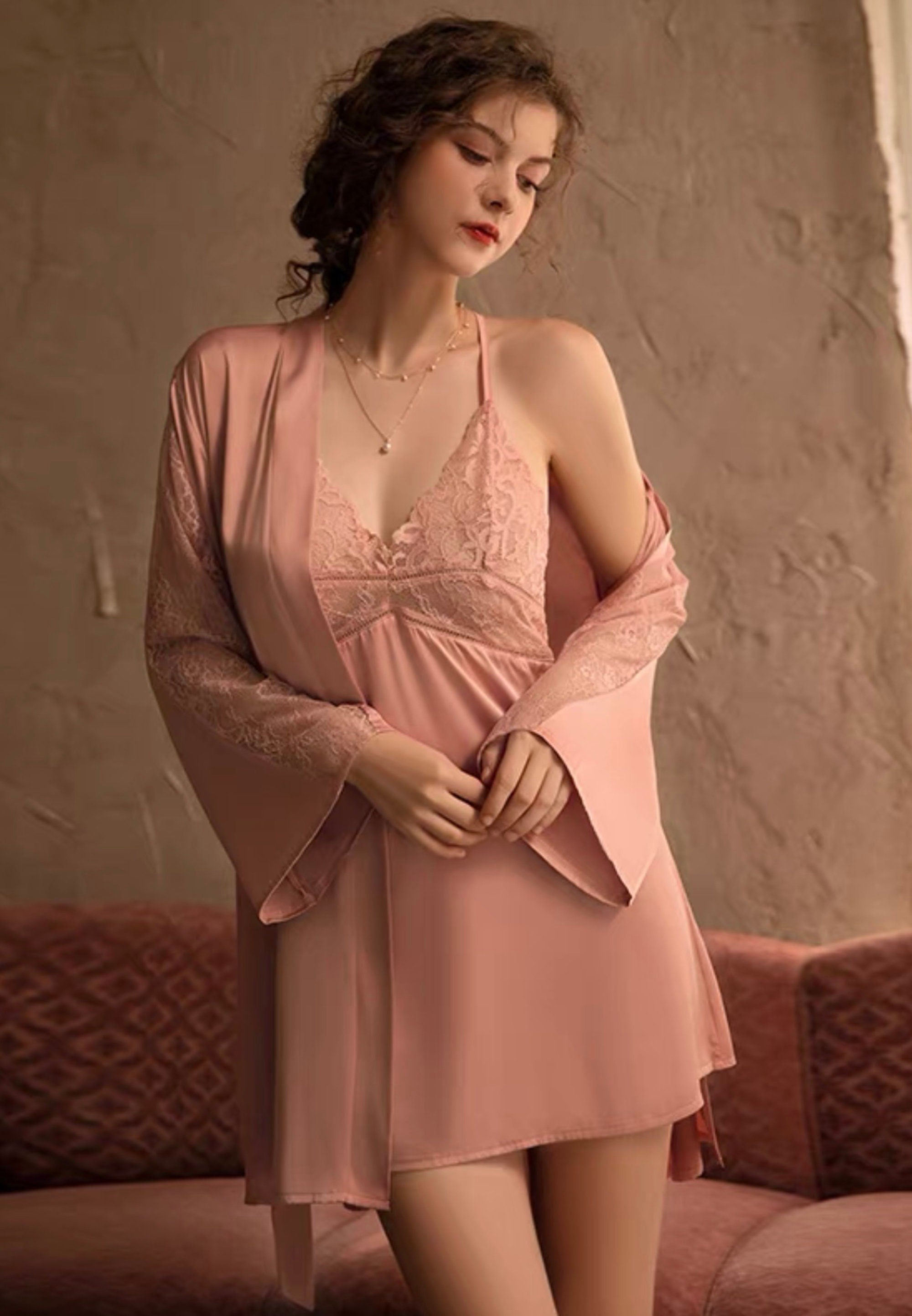 Luxurious Lace Satin Bridal Lingerie Set with Nightgown & Robe