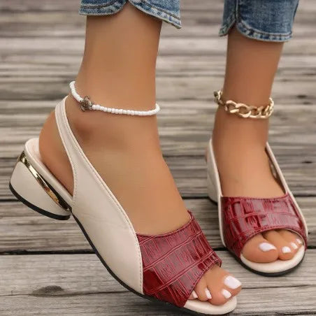 Leather Heeled Sandals Medium Heel Large Size Fish Mouth Outer Wear Sandals Adult Shoes