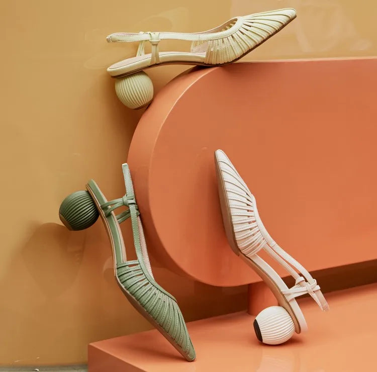 Real Leather Mules Slippers Strange Round Ball Trendy Elegant Unique Designer Luxury Heels for Women