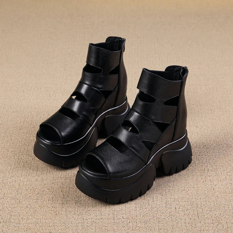 Genuine Leather Roman Sandals Fashion High Heels Women's Casual Platform Thin Open Mesh