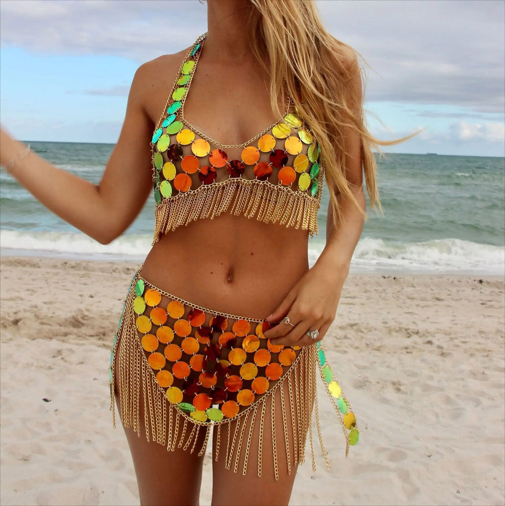 New Arrival New Body Chains Geometric Wafer Tassel Chest Necklace Beach Bikini Swimsuit Body Chains Suit Set