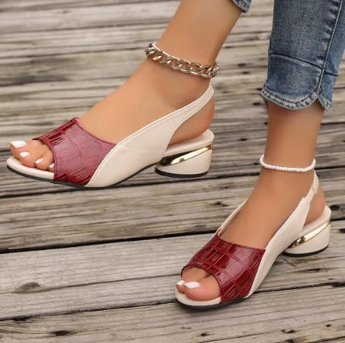 Leather Heeled Sandals Medium Heel Large Size Fish Mouth Outer Wear Sandals Adult Shoes