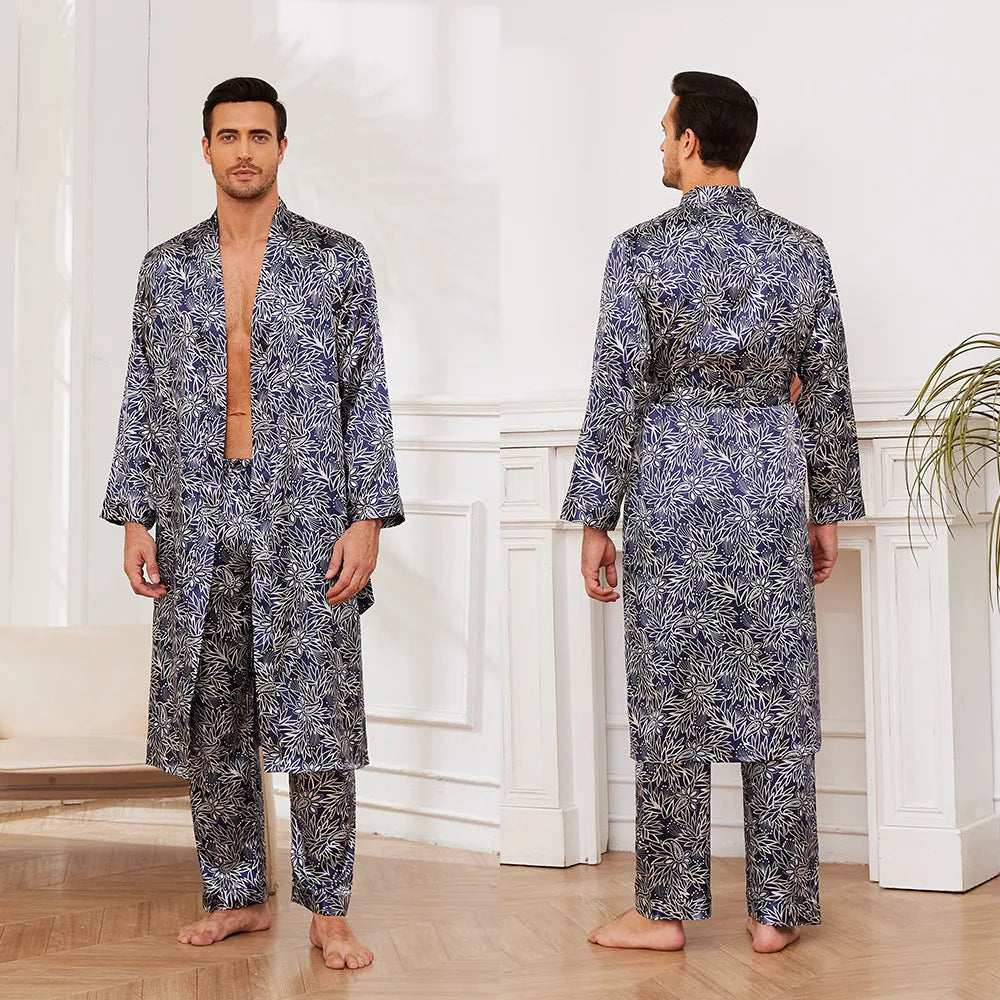 Male Satin Sleepwear Robe Pants Pajamas Set Print Men Nightwear Kimono Bathrobe Gown Lounge Wear Home Clothes