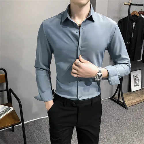 Bright Red Long Sleeve Shirt Men's Fashion Slim Shirts White Blue Gray Men Tops Black Purple Green Dress Camisa Male Chemise