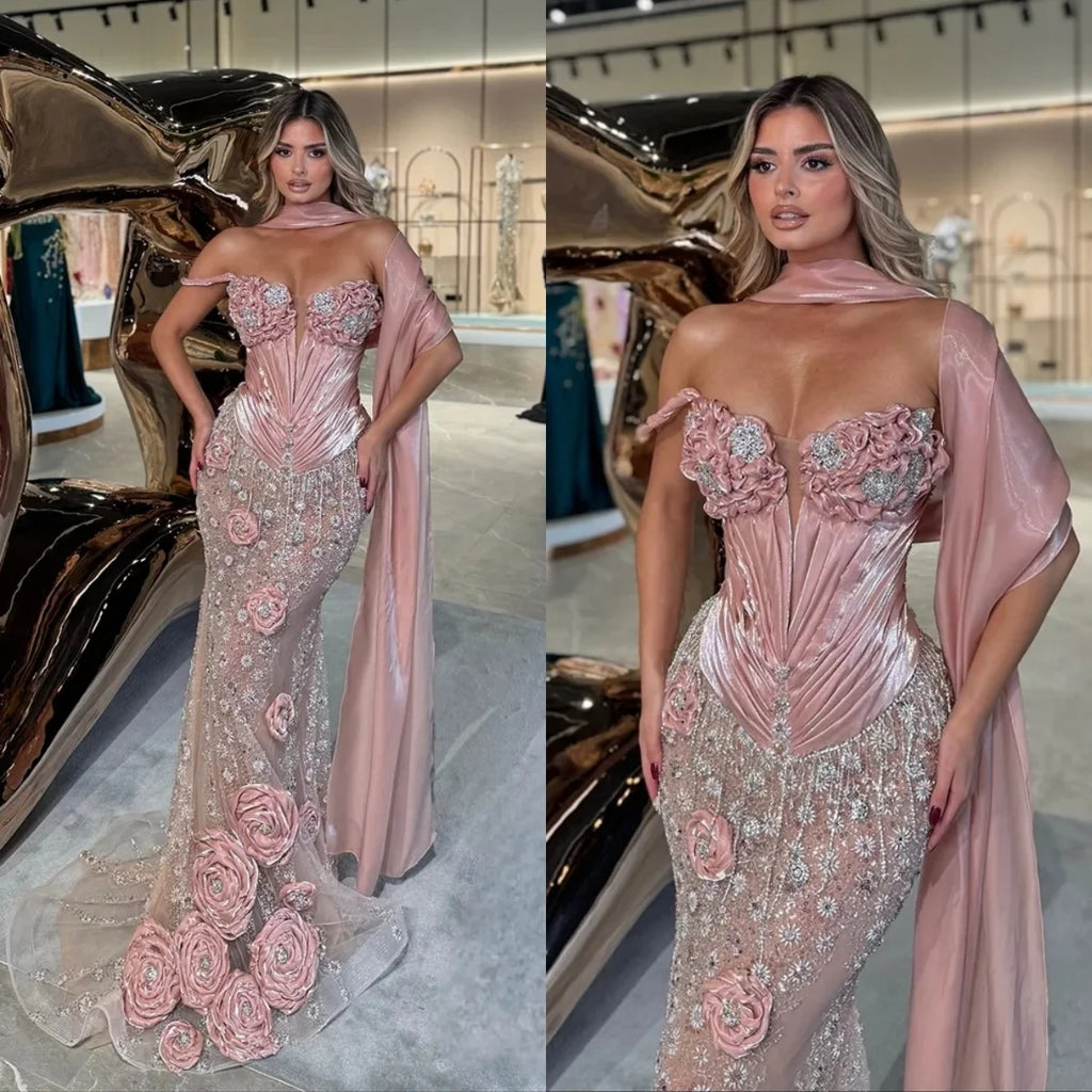 Modern Evening Dresses Handmade 3D Ruffle Flowers Prom Dress with Cape Beading Sequins Mermaid Party Gowns Vestidos De Noche