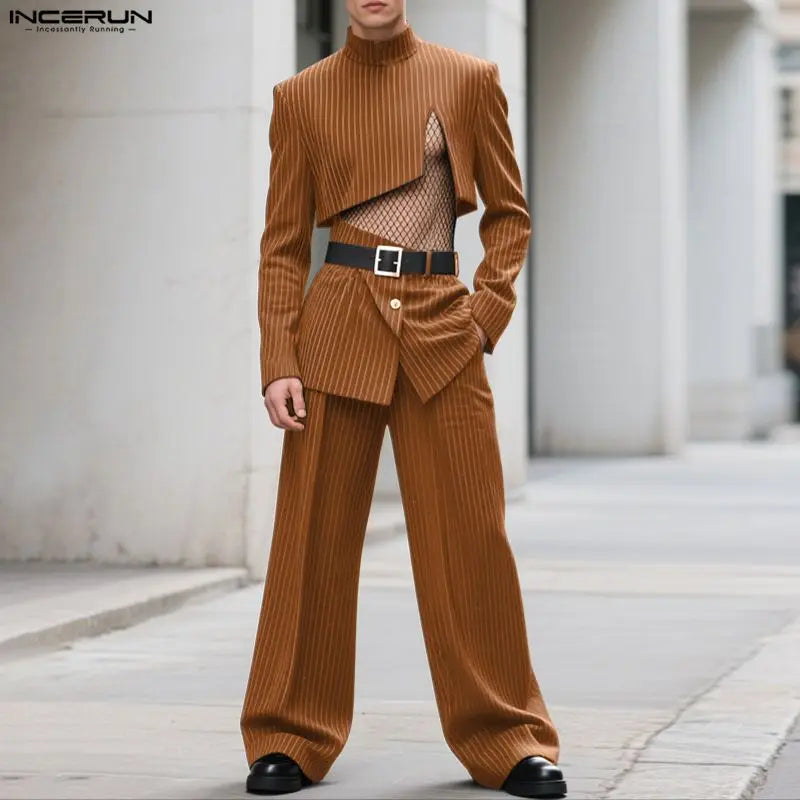 INCERUN Men Sets Striped Long Sleeve Crop Blazer & Irregular Pants Two Pieces Sets