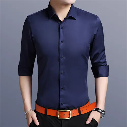 Bright Red Long Sleeve Shirt Men's Fashion Slim Shirts White Blue Gray Men Tops Black Purple Green Dress Camisa Male Chemise