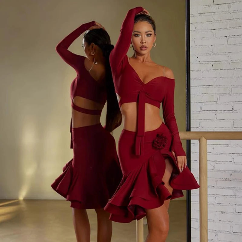 Sexy Off Shoulder Latin Top Ruffled Skirts