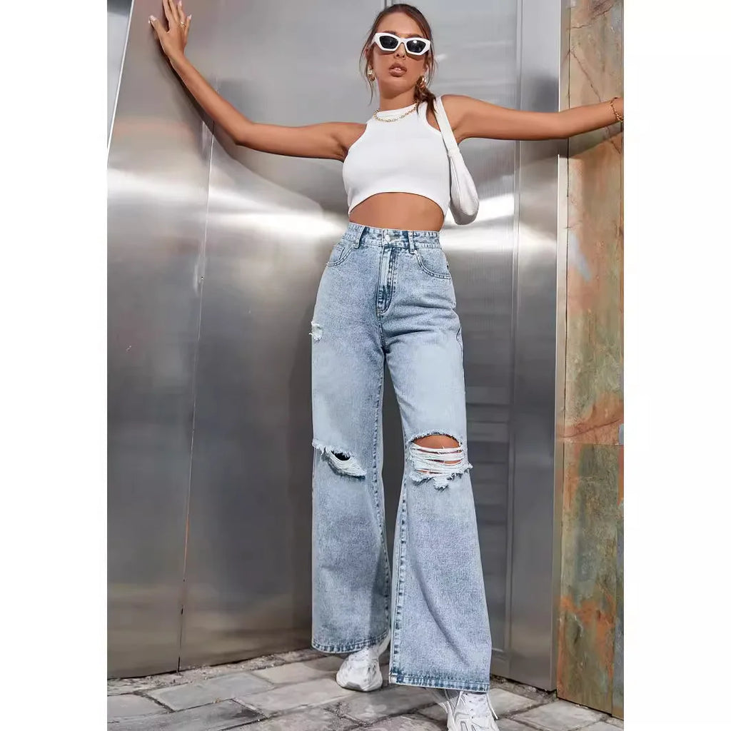 Autumn New Women's Fashion Ripped High Waist Wide Leg Casual Jeans Boyfriend Jeans for Women