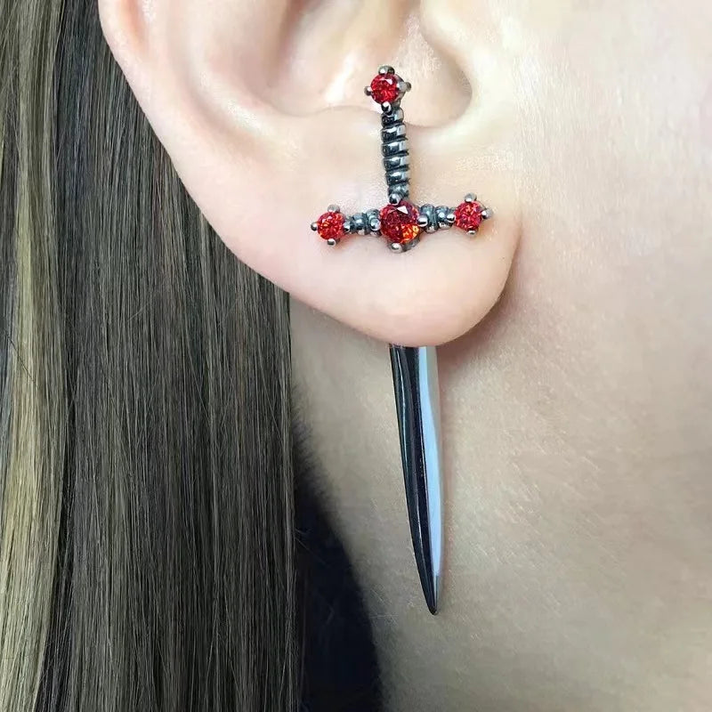 Kiss Jewelry Punk Sword Gothic Kinitial Piercing Earrings for Woman Men Gothic Crystal Ear Jacket Stud Earrings Jewelry