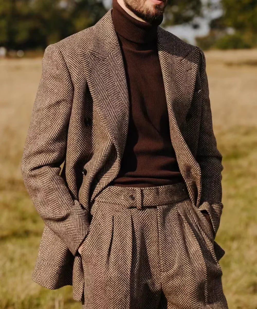 Herringbone Men's Suit 2 Pieces Set Fashion Lapel Double Breasted Tuxedos Groom Blazer Pants Party Business Tailored Hot Sell