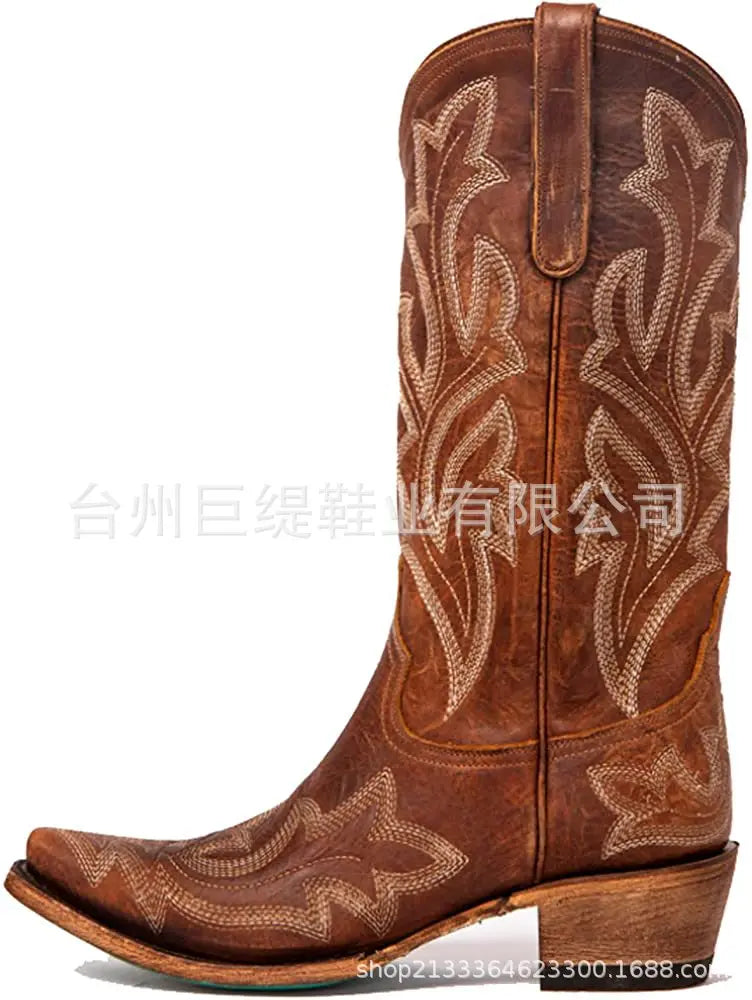 Embroidery Cowboy Boots For Women Knee High Med Calf Vintage Western Cowgirl Boots Women Heeled Casual Shoes Autumn Block Heel