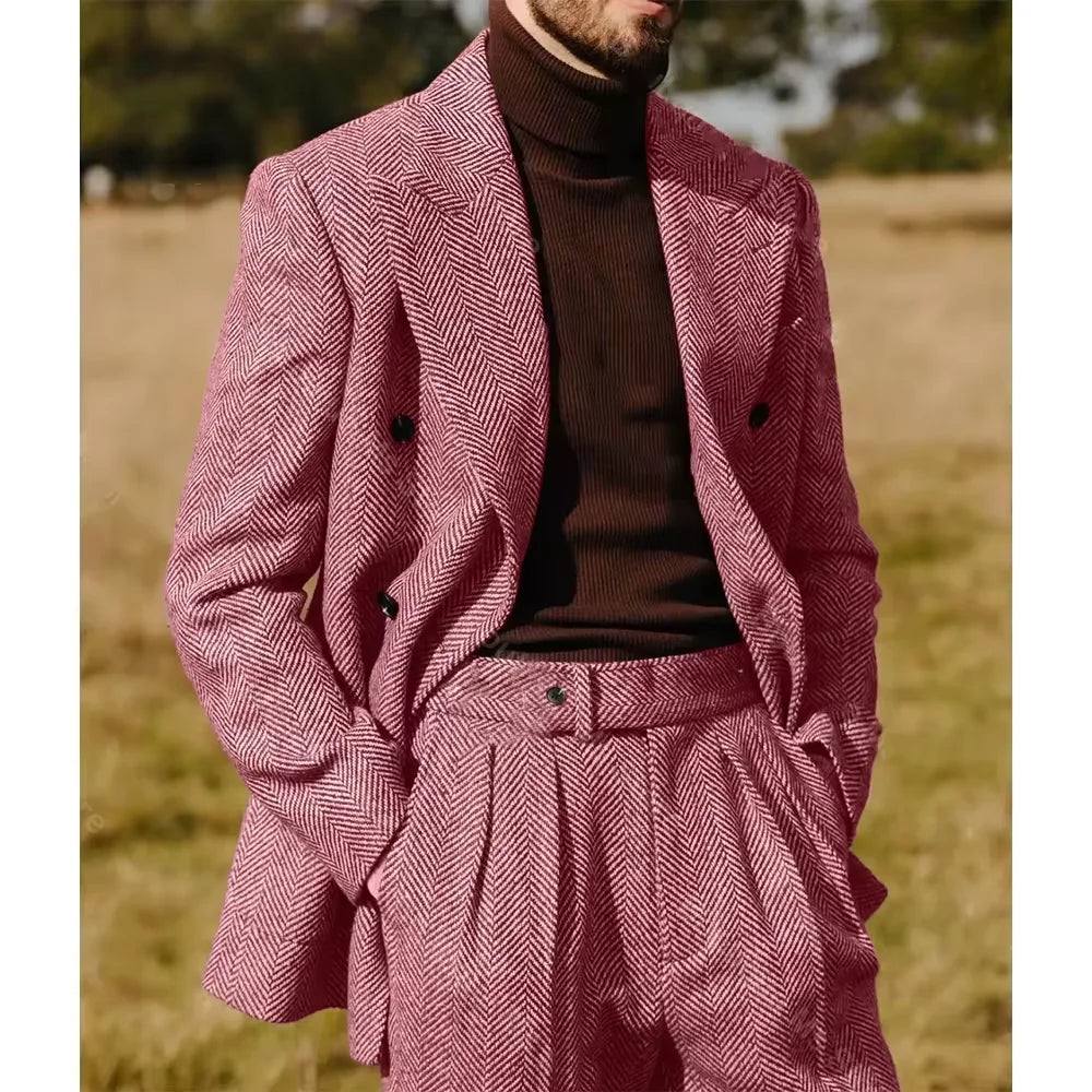 Herringbone Men's Suit 2 Pieces Set Fashion Lapel Double Breasted Tuxedos Groom Blazer Pants Party Business Tailored Hot Sell