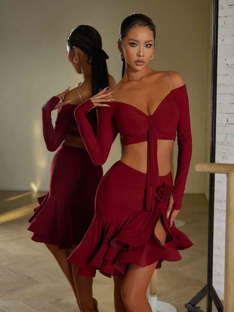 Sexy Off Shoulder Latin Top Ruffled Skirts