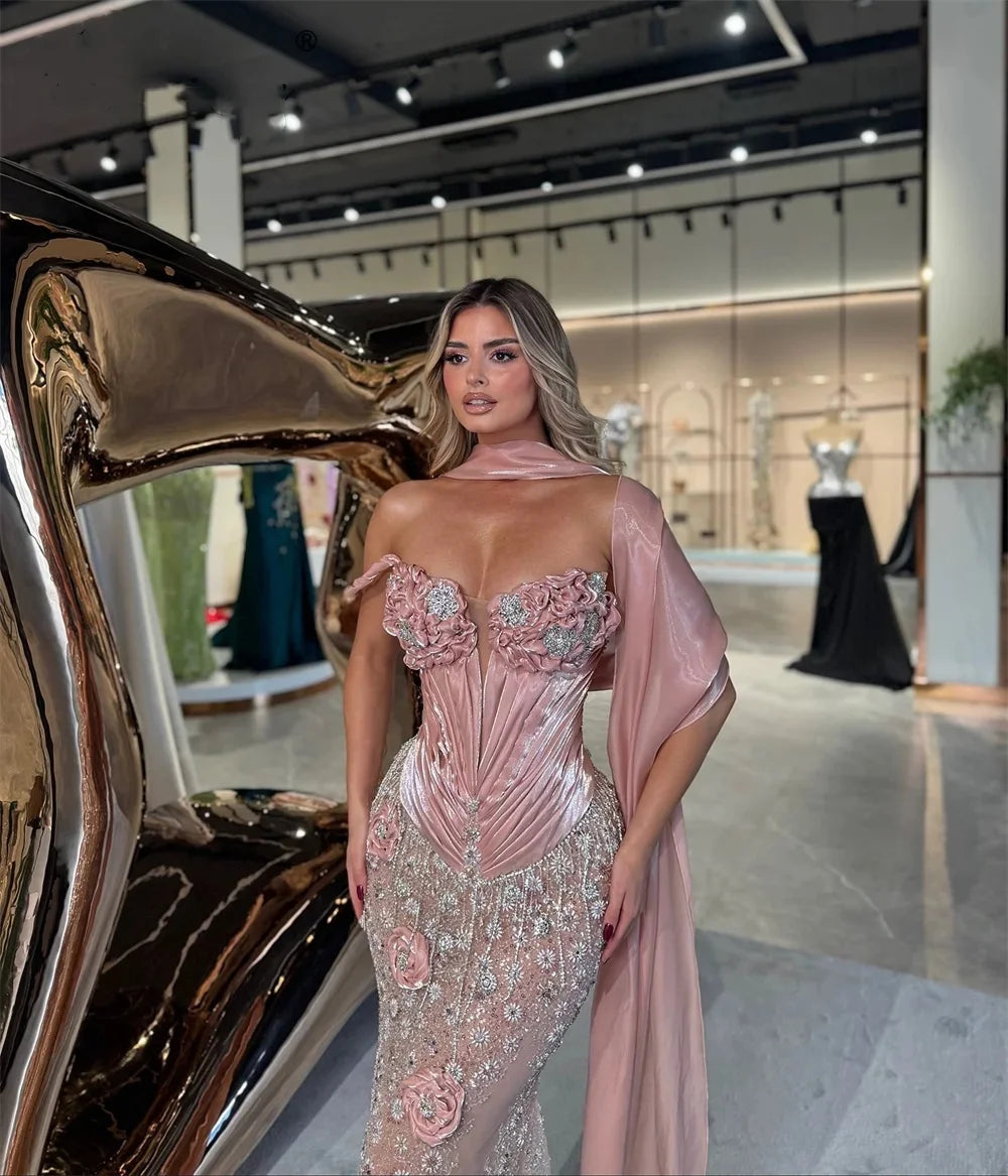 Modern Evening Dresses Handmade 3D Ruffle Flowers Prom Dress with Cape Beading Sequins Mermaid Party Gowns Vestidos De Noche