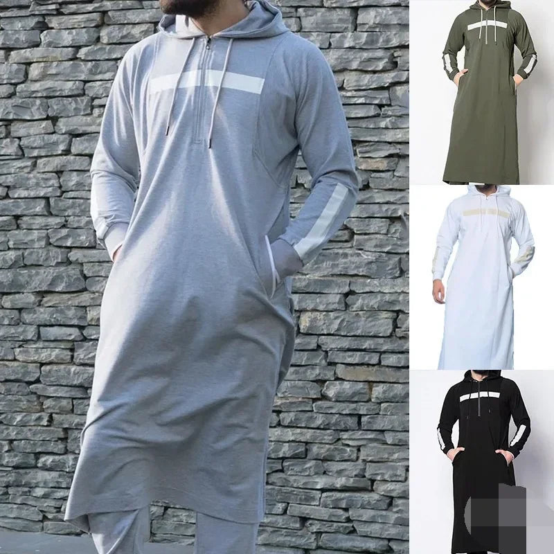 Men's Clothing Casual Long Sleeve Pullover Hooded Drawstring Long Sweater Vintage Fashion Striped Pocket Robe