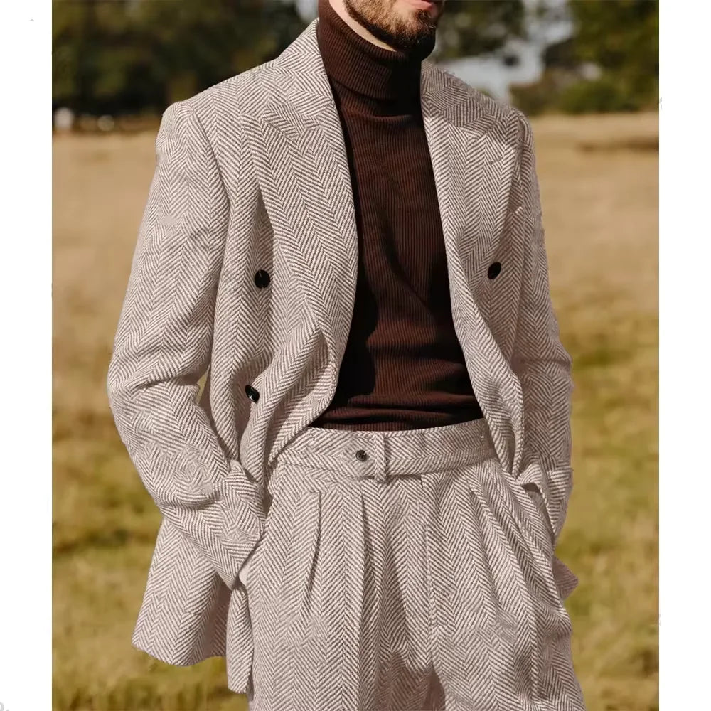 Herringbone Men's Suit 2 Pieces Set Fashion Lapel Double Breasted Tuxedos Groom Blazer Pants Party Business Tailored Hot Sell