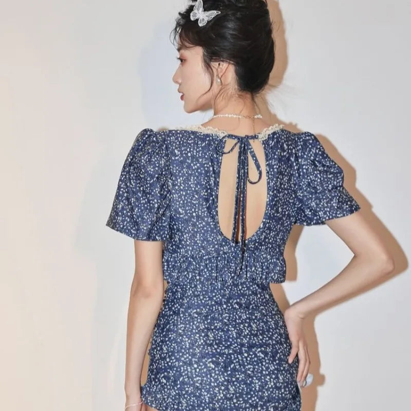 Swimsuit for Women with Pure Desire High-end Feeling Sexy Backless Floral Style Gathered Skirt Style One-piece Beach Swimsuit