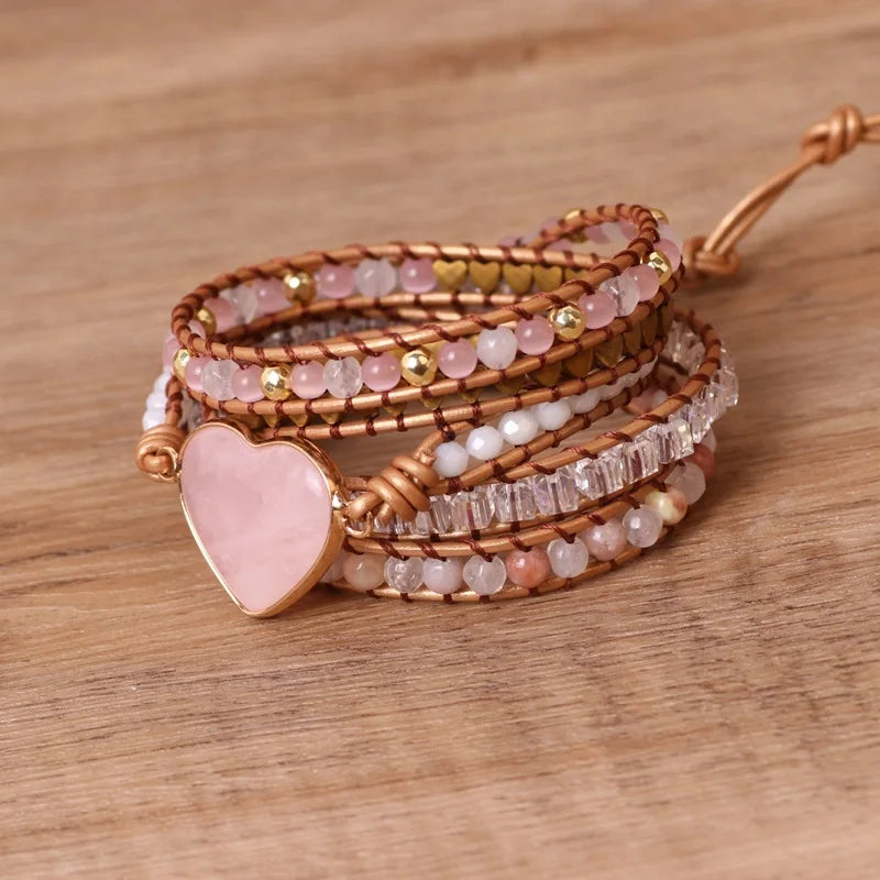 Rose Quartz Natural Stone Wrap Bracelet For Women/Men Multilayer Heart Charms Genuine Leather Boho Handmade Beaded Bracelet