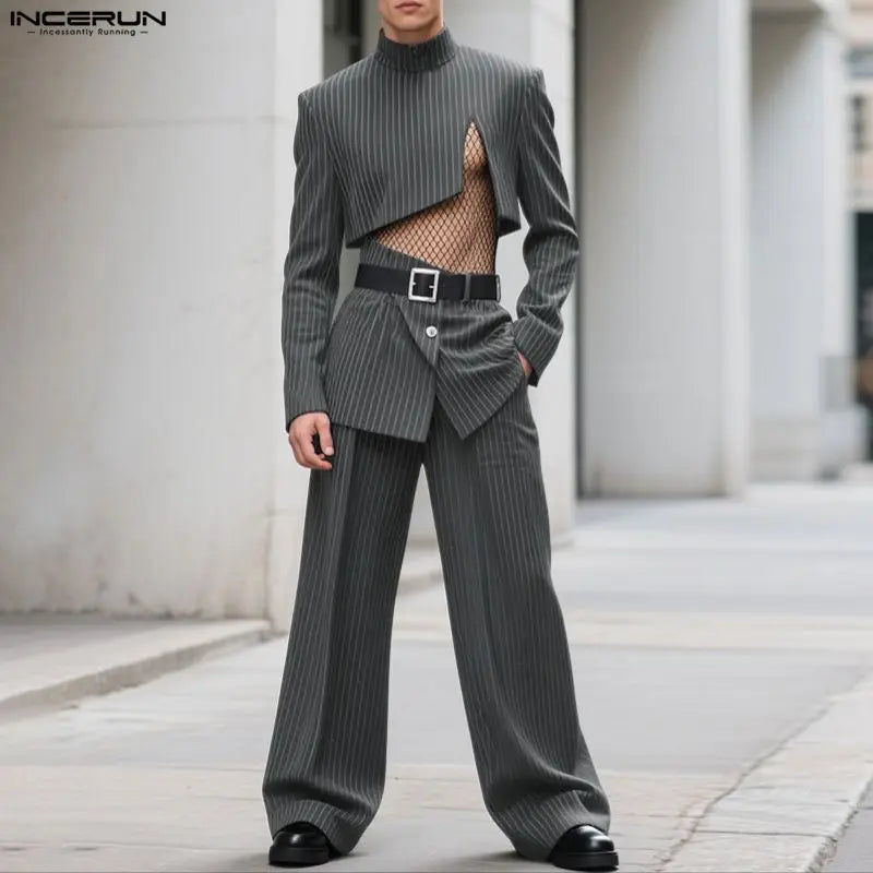 INCERUN Men Sets Striped Long Sleeve Crop Blazer & Irregular Pants Two Pieces Sets