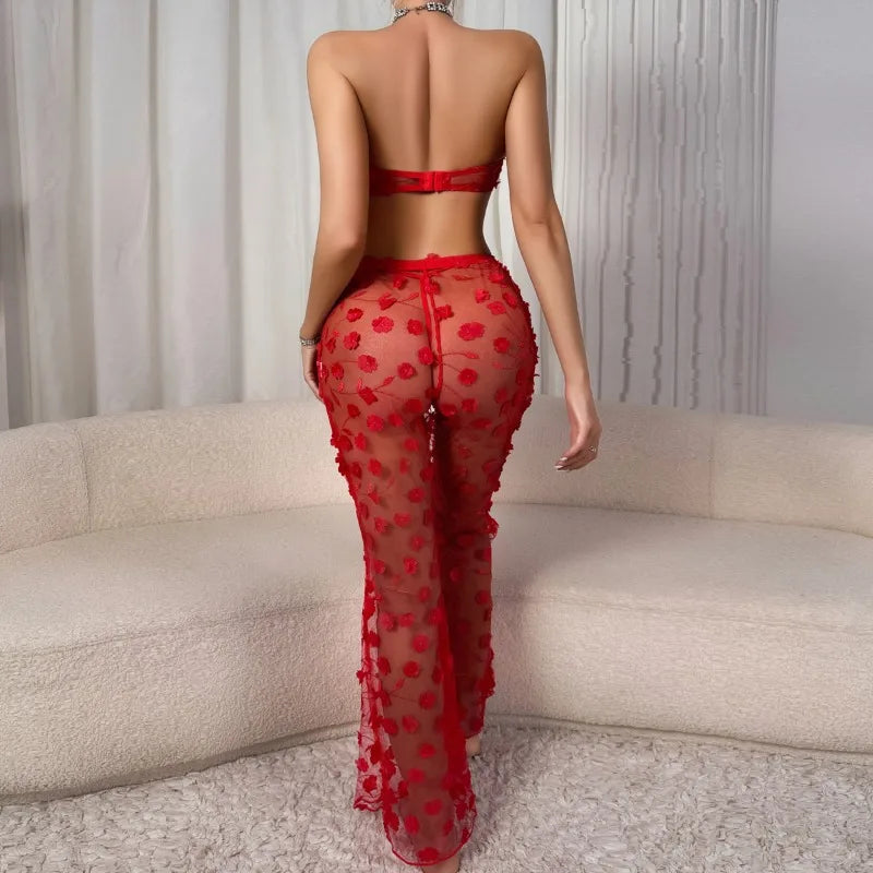 Red Erotic Sexy Lingerie Sets for Women Elegant 3PC Pants Strapless Bra 3D Floral Underwear See Through Clubwear Erotic Costumes