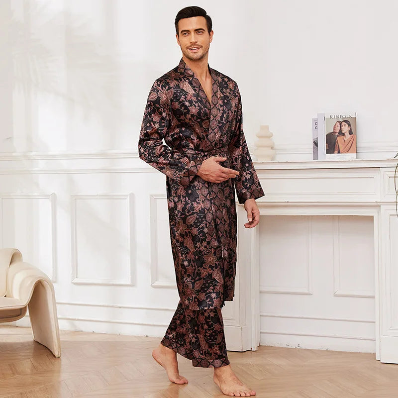 Male Satin Sleepwear Robe Pants Pajamas Set Print Men Nightwear Kimono Bathrobe Gown Lounge Wear Home Clothes