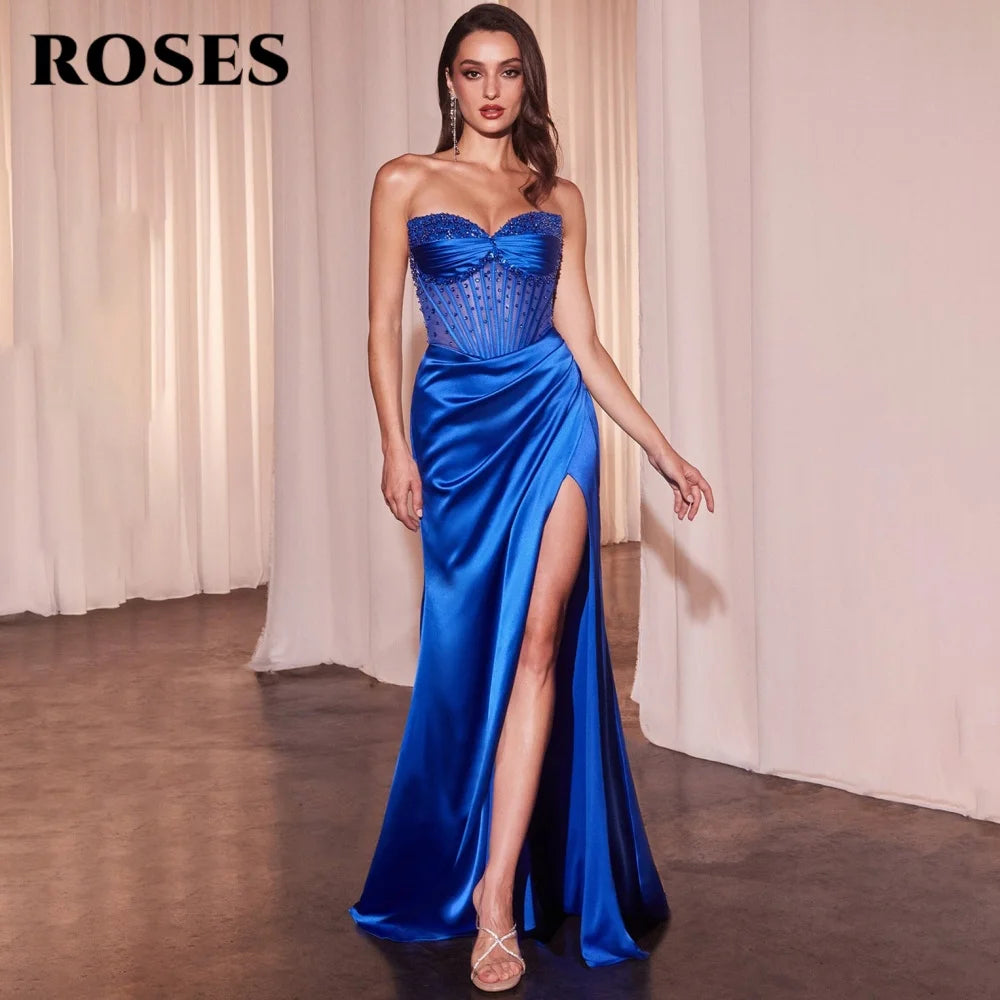 Pink Sexy Prom Dresses Sweetheart Sleeveless Hollow Prom Gown with Fishbone Satin Beadwork Split Formal Gown Customize