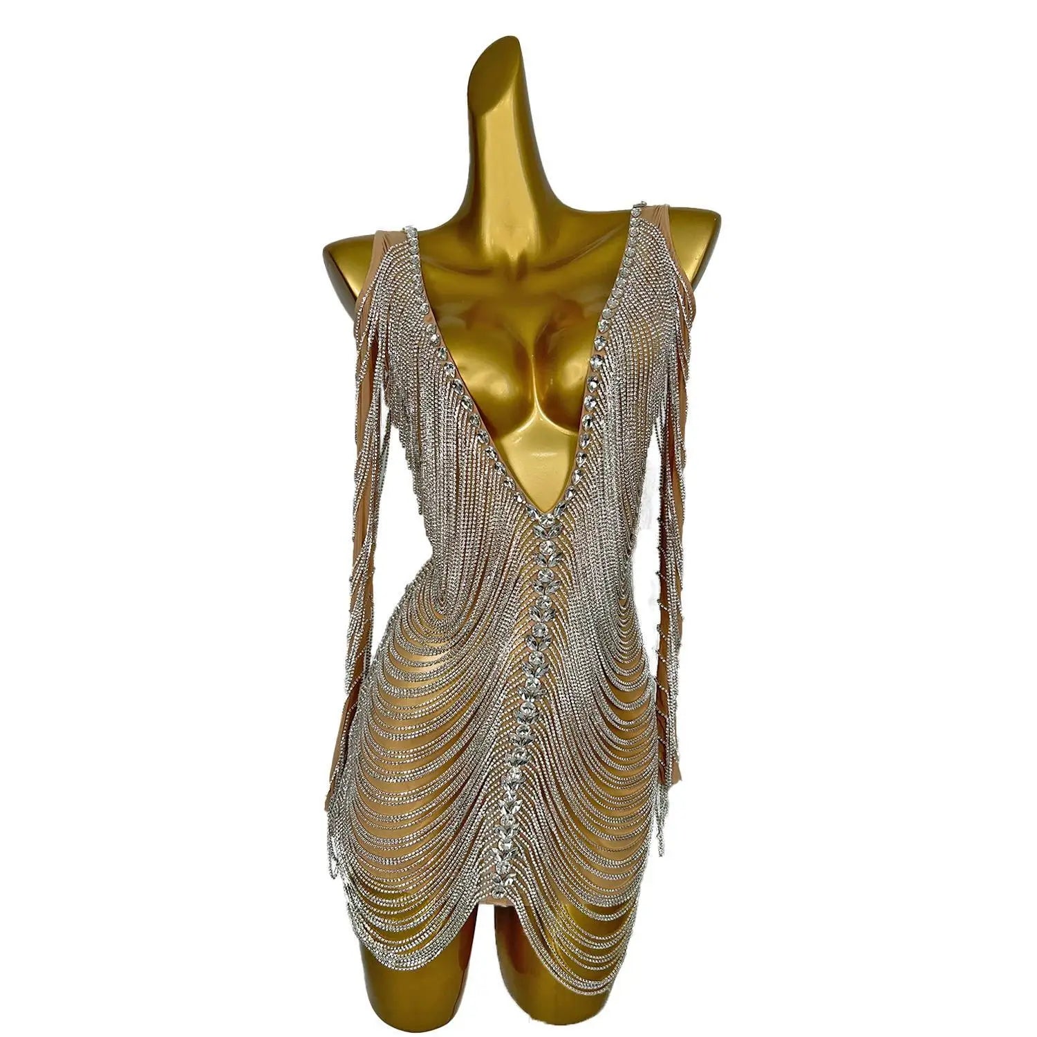 Valentine Day Outfit Sparkly Rhinestone V Neck Birthday Dress Chain Sleeve Jazz Dance Costume Nightclub Performance Wear Wanwan