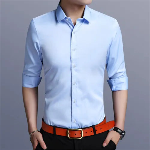Bright Red Long Sleeve Shirt Men's Fashion Slim Shirts White Blue Gray Men Tops Black Purple Green Dress Camisa Male Chemise