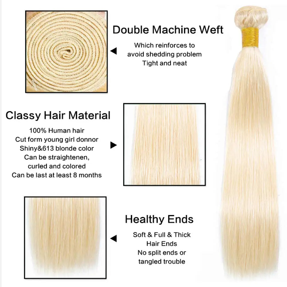 Blonde Human Hair 3 Bundles  Brazilian Straight Hair Bundle Honey Blonde Virgin Bundles Human Hair Extensions Weave 613 Color