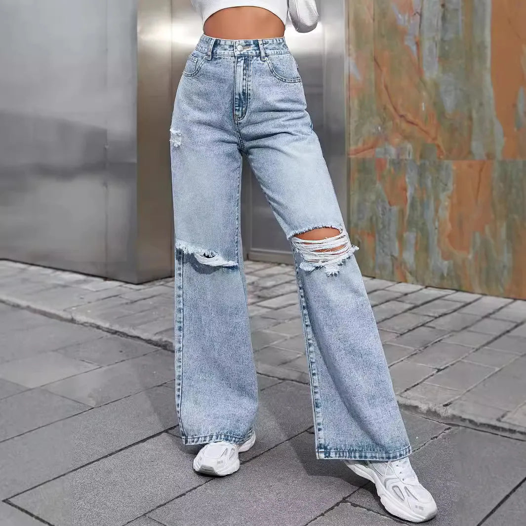 Autumn New Women's Fashion Ripped High Waist Wide Leg Casual Jeans Boyfriend Jeans for Women