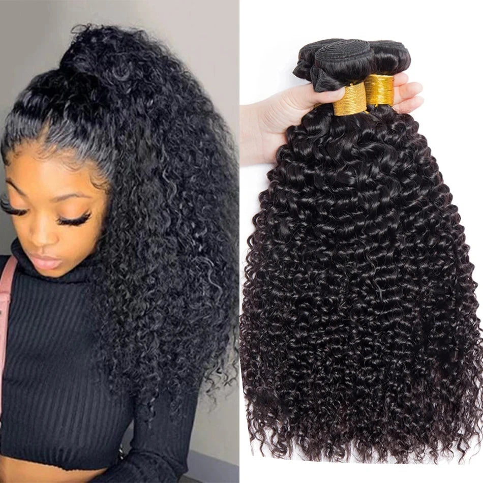 kinky Curly Human Hair Bundles Brazilian Hair Weave Remy Human Hair Bundles 3 Bundles for Black Women 28 Inch Natural Color