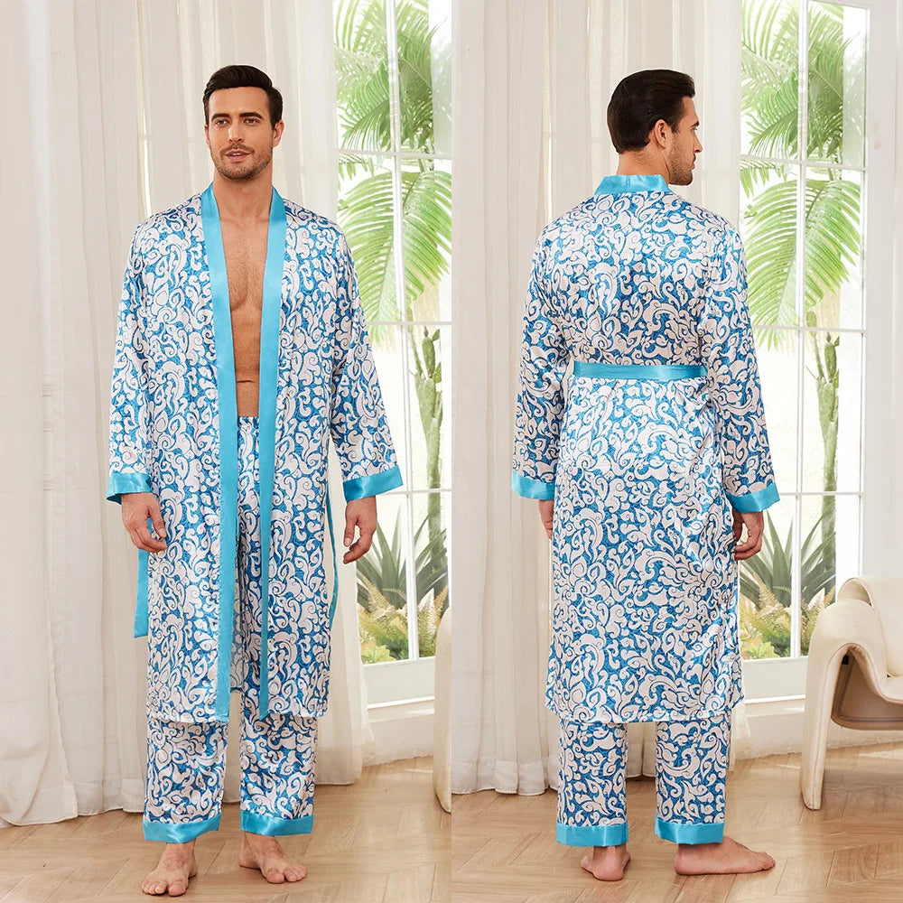 Male Satin Sleepwear Robe Pants Pajamas Set Print Men Nightwear Kimono Bathrobe Gown Lounge Wear Home Clothes