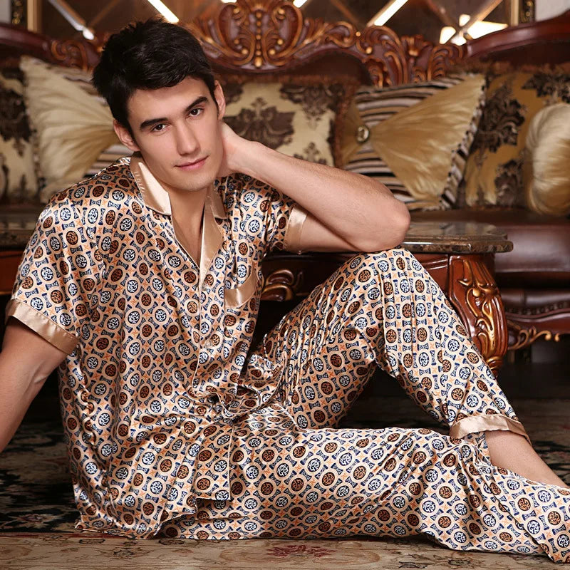 New Male Pajamas Set Homewear Print Short Sleeve Trouser Suits