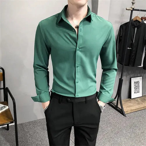 Bright Red Long Sleeve Shirt Men's Fashion Slim Shirts White Blue Gray Men Tops Black Purple Green Dress Camisa Male Chemise