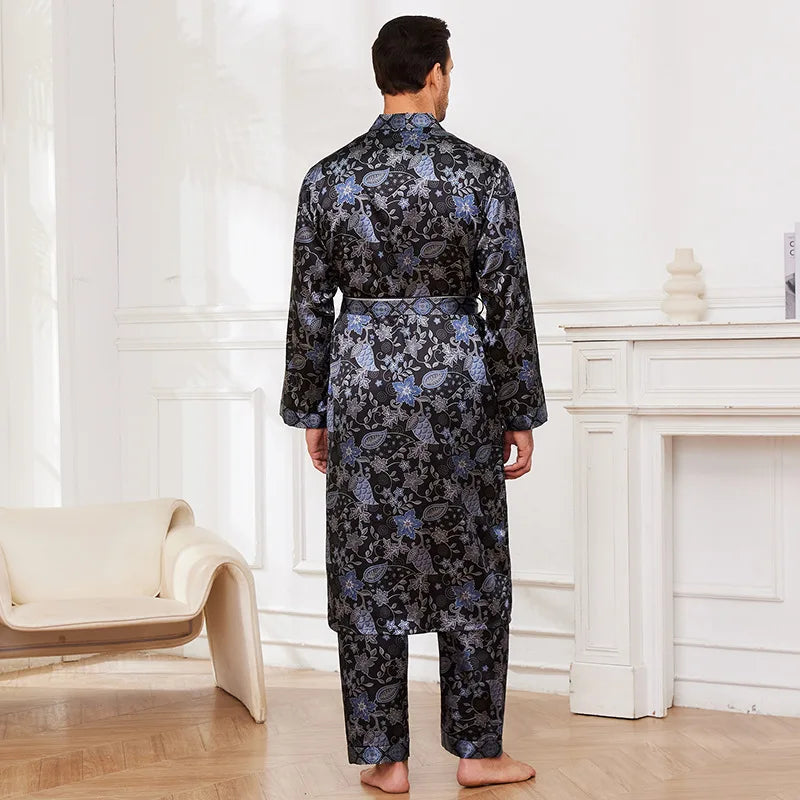 Male Satin Sleepwear Robe Pants Pajamas Set Print Men Nightwear Kimono Bathrobe Gown Lounge Wear Home Clothes