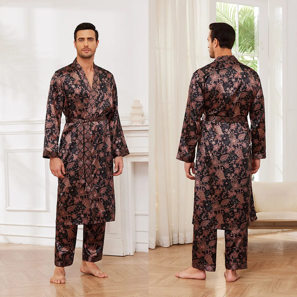 Male Satin Sleepwear Robe Pants Pajamas Set Print Men Nightwear Kimono Bathrobe Gown Lounge Wear Home Clothes