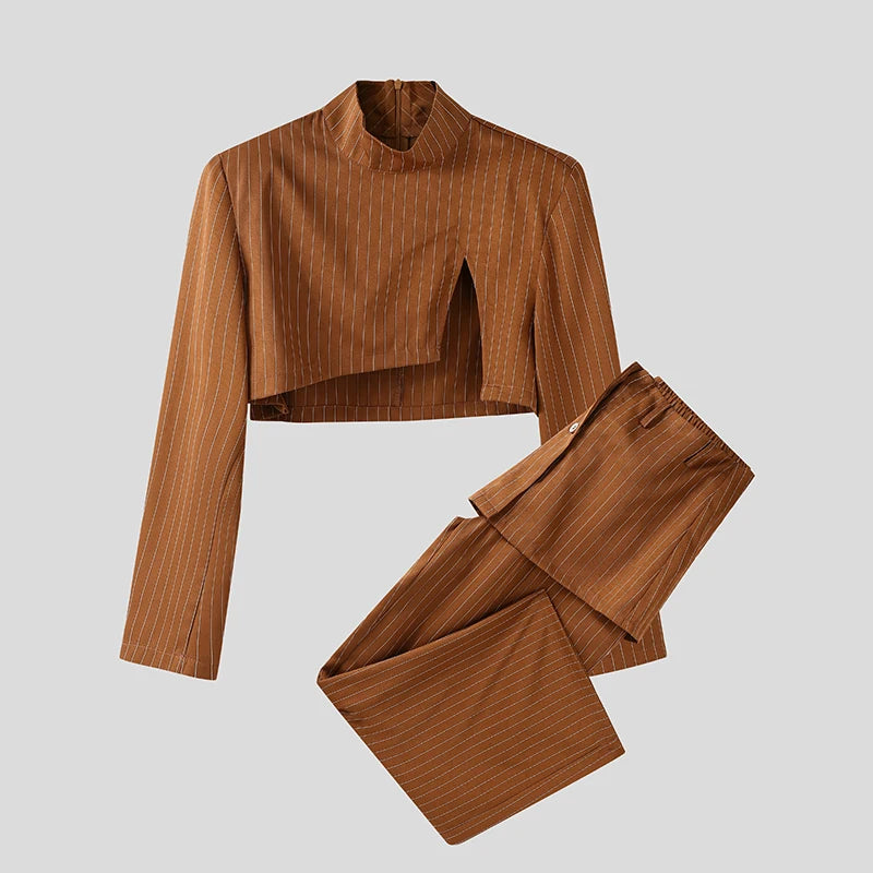 INCERUN Men Sets Striped Long Sleeve Crop Blazer & Irregular Pants Two Pieces Sets