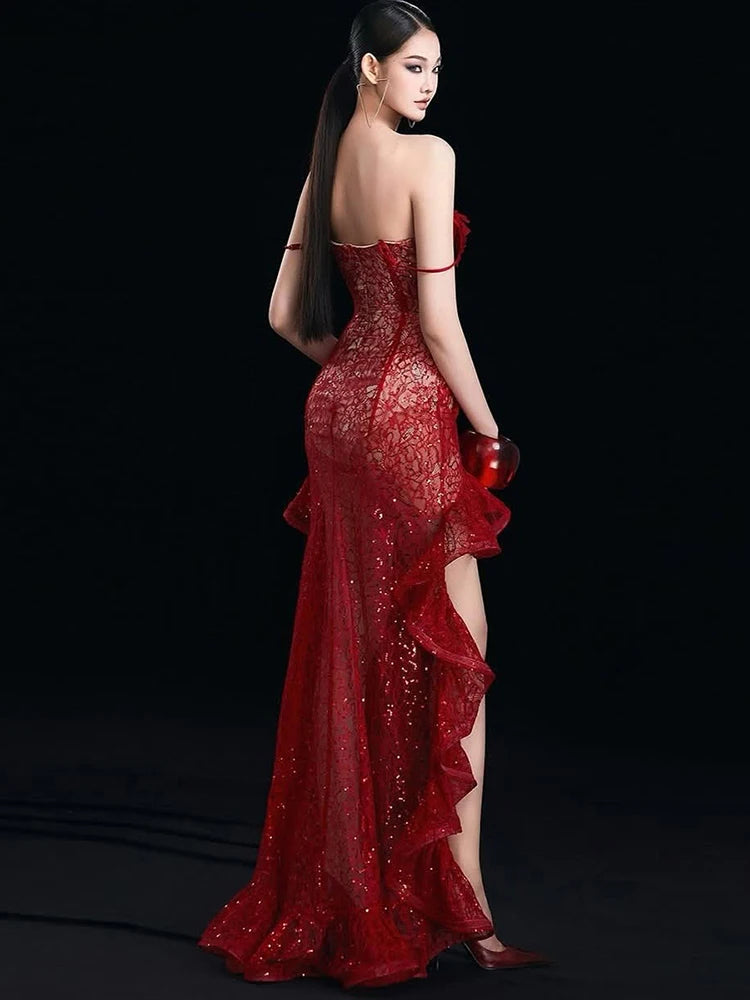 Long Dress Woman Lace Patchwork Low-Neck Backless Ruffles High Splits Hem Skinny Vestidos