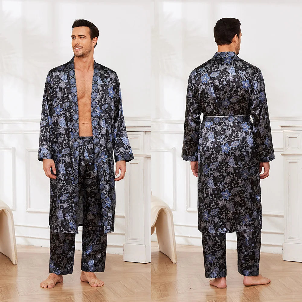 Male Satin Sleepwear Robe Pants Pajamas Set Print Men Nightwear Kimono Bathrobe Gown Lounge Wear Home Clothes