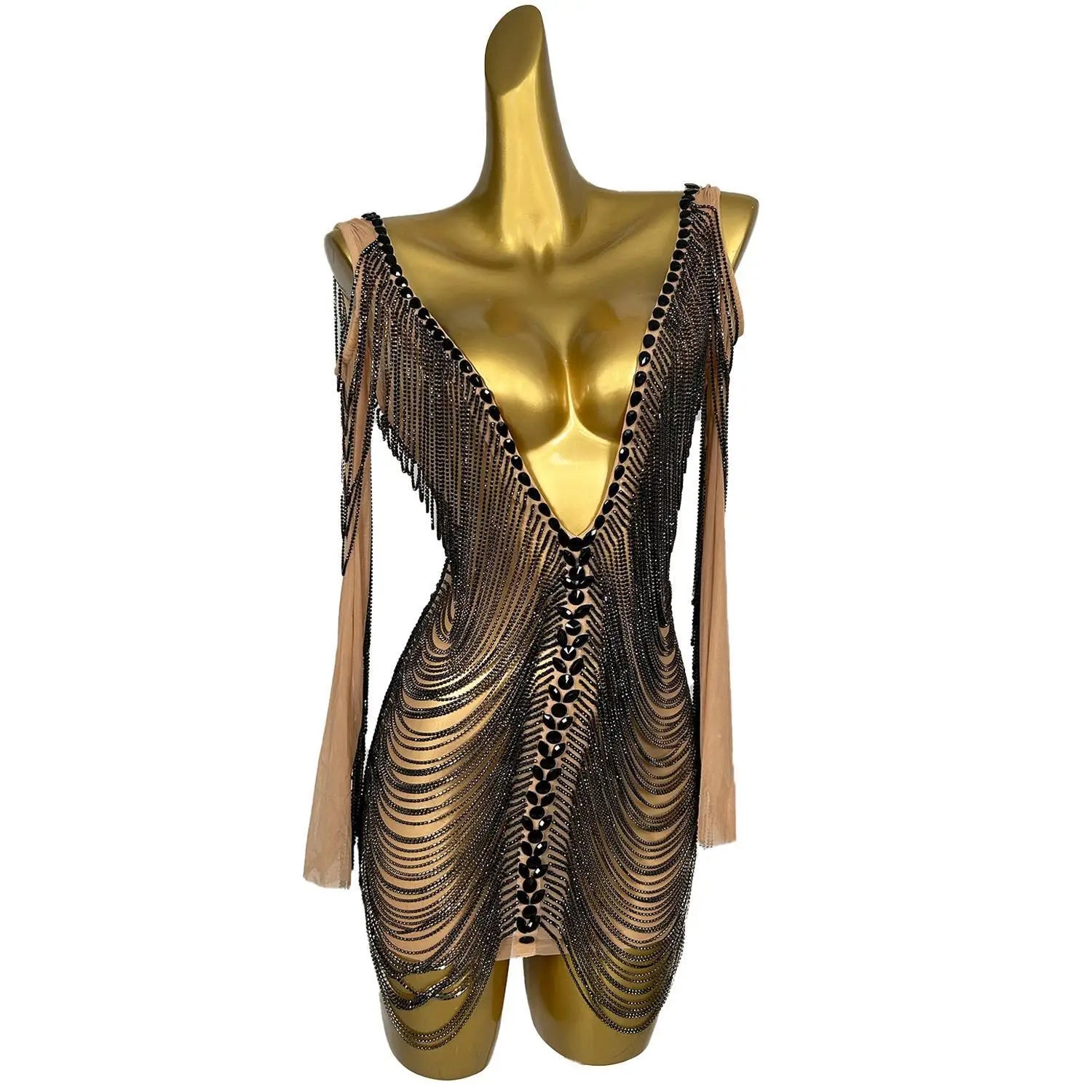 Sparkly Rhinestone V Neck Dress Chain Sleeve