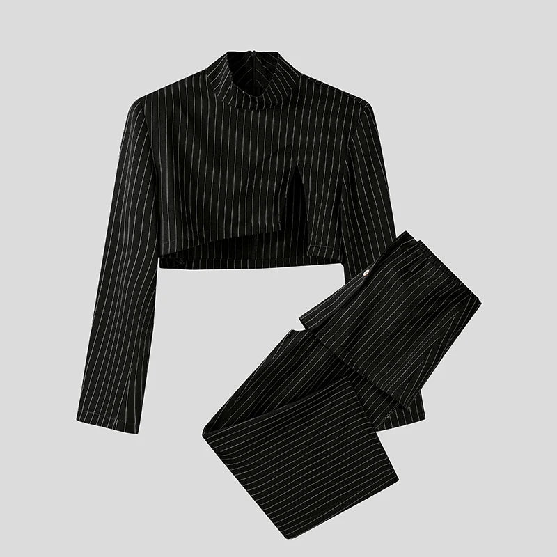 INCERUN Men Sets Striped Long Sleeve Crop Blazer & Irregular Pants Two Pieces Sets