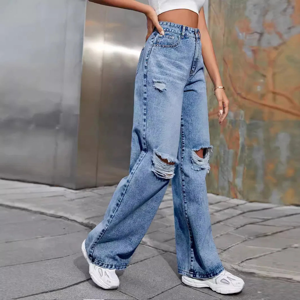 Autumn New Women's Fashion Ripped High Waist Wide Leg Casual Jeans Boyfriend Jeans for Women