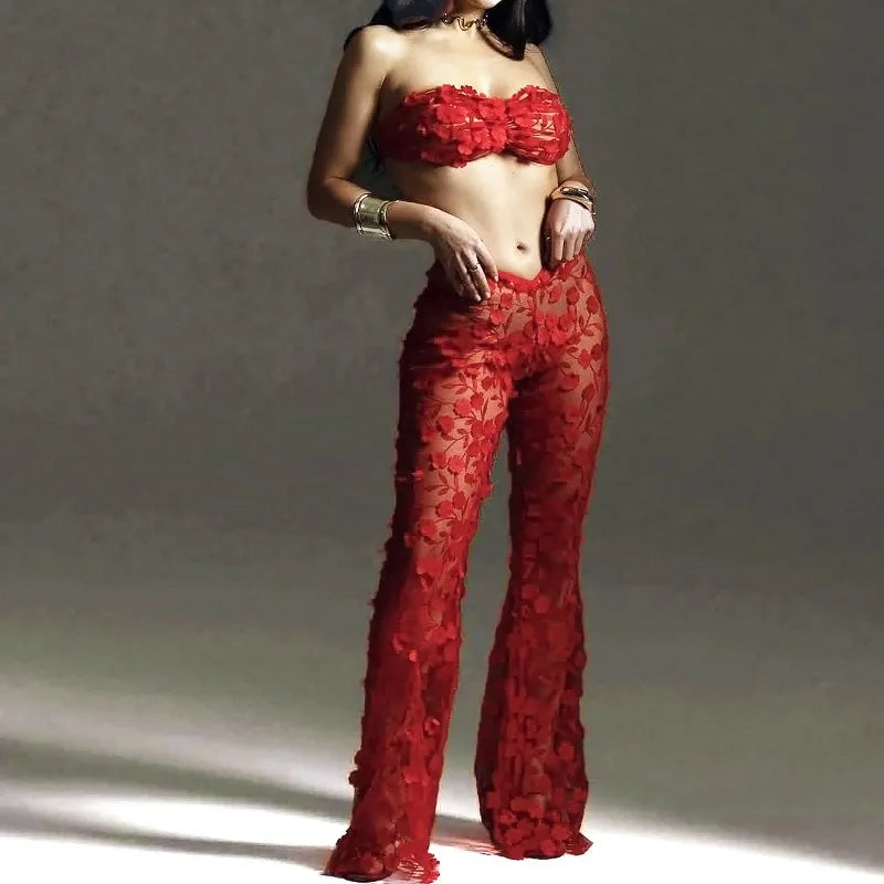 Red Erotic Sexy Lingerie Sets for Women Elegant 3PC Pants Strapless Bra 3D Floral Underwear See Through Clubwear Erotic Costumes