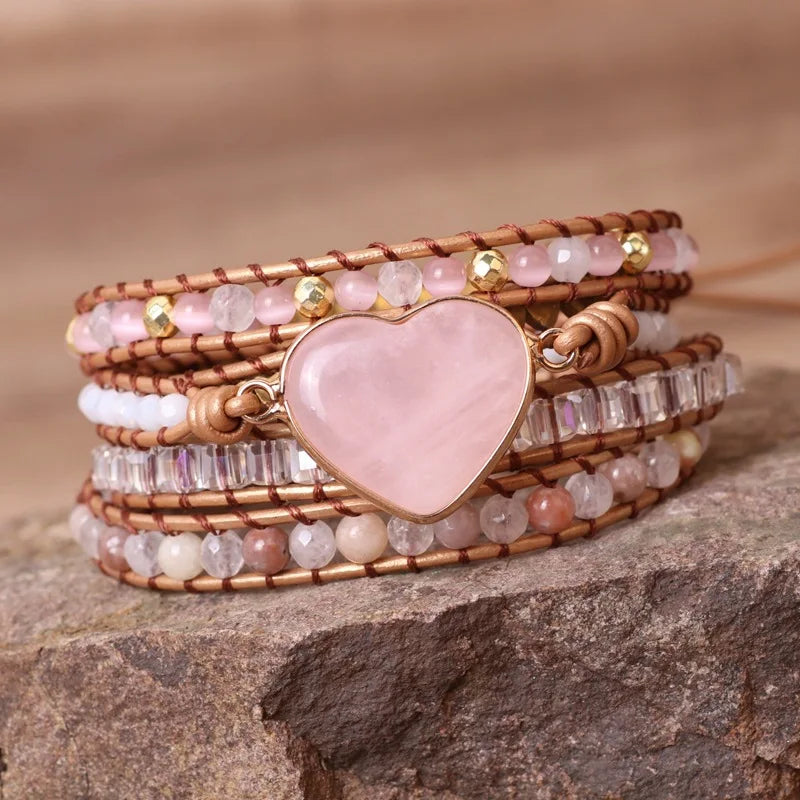 Rose Quartz Natural Stone Wrap Bracelet For Women/Men Multilayer Heart Charms Genuine Leather Boho Handmade Beaded Bracelet